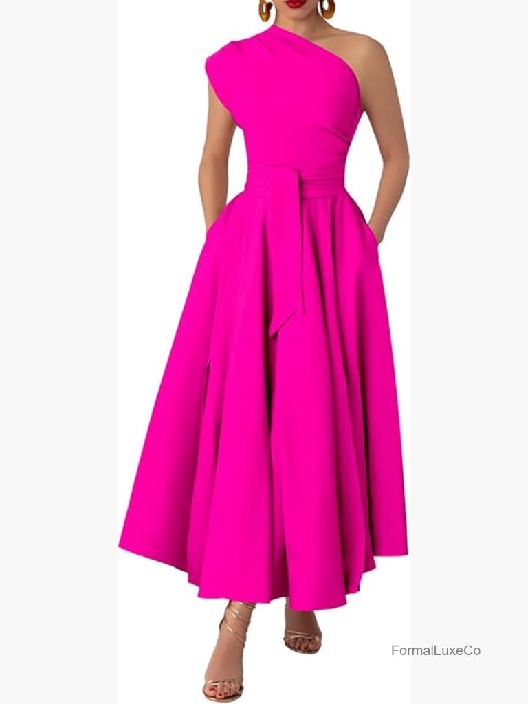 One Shoulder Bodycon Maxi Dress Pleated Split Cocktail Party Dress